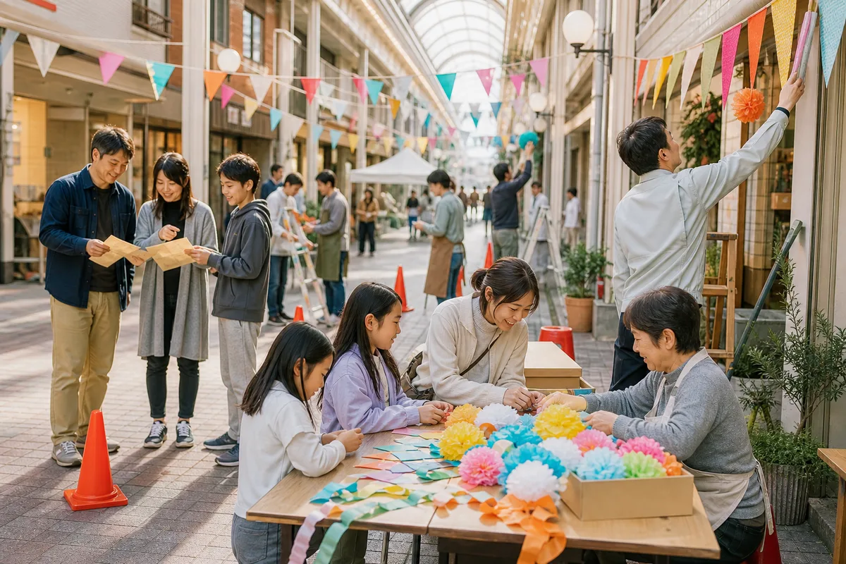 商店街で子どもと大人が一緒に活動している様子