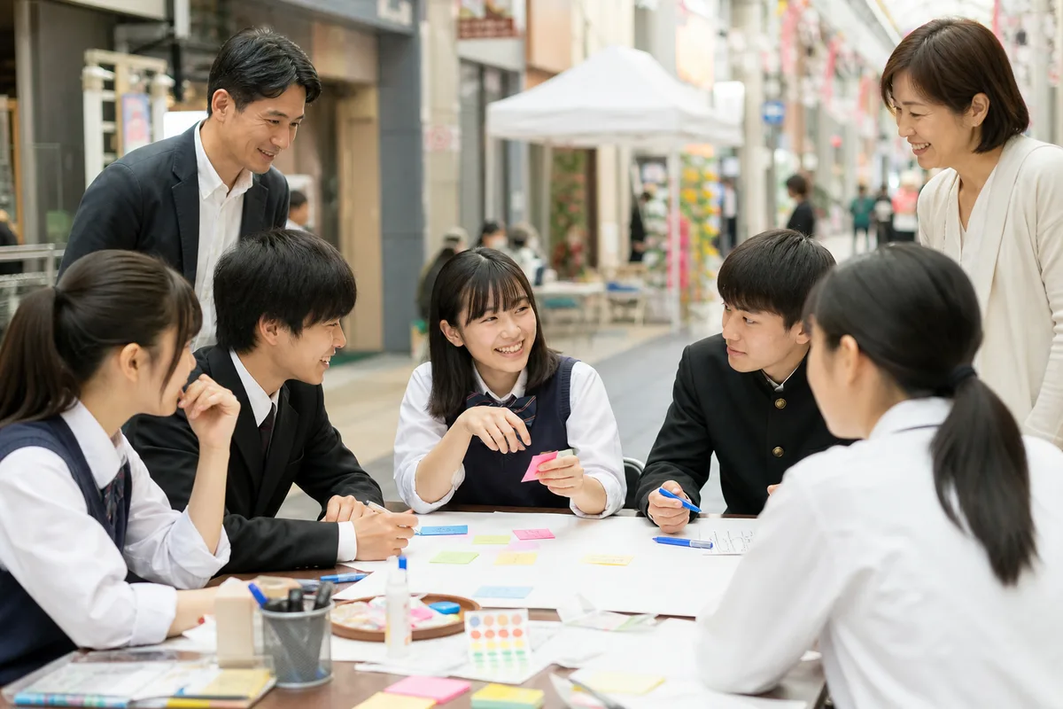 地域プロジェクトの企画を話し合う中高生と大人