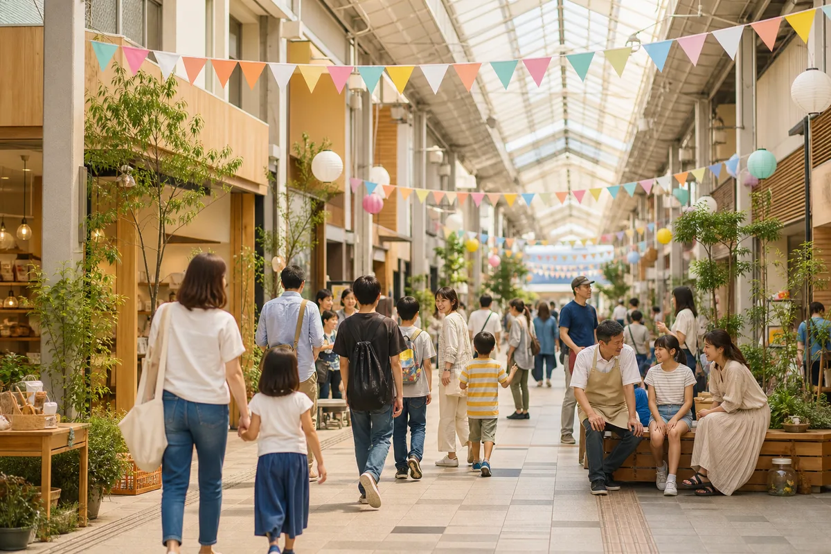 子どもたちと地域の人でにぎわう商店街の未来予想図