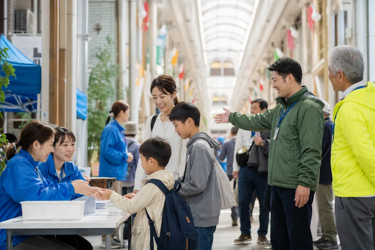 商店街で運営スタッフが子どもたちを見守る様子